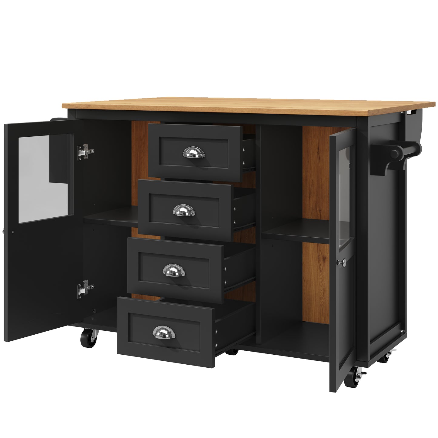 Kücheninsel Küchenwagen auf Rollen 120x73x93cm ausziehbarer Küchenschrank Buffetschrank mit Gewürzregal Handtuchhalter 2 Türen 4 Schubladen Schwarz