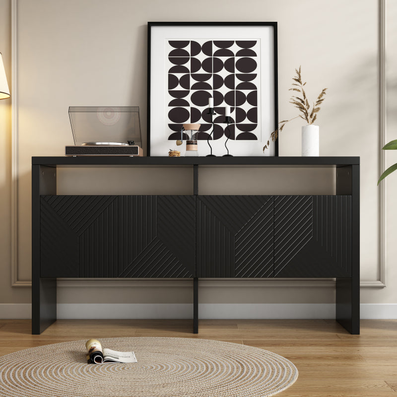 Kommode / Sideboard / Flurschrank mit 2 offenen Fächern und 4 Türen, Schwarz