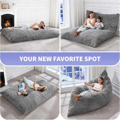 Oversize Convertible Bean Bag Chair 194×140 cm, Loungesofa & Bodensofa aus Flanell, abnehmbarer Bezug, für Wohnzimmer & Schlafzimmer – Hellgrau