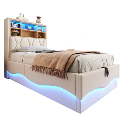 Kinderbett  90×200 cm mit hydraulischem Stauraum APP-gesteuertes LED-Lichtband USB-Ladeanschluss Metall-Lattenrost Leinenpolsterung Beige
