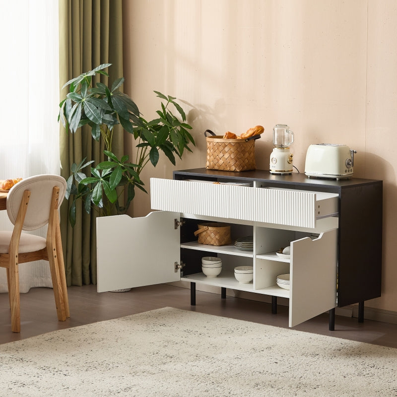 Aufbewahrungsschrank 120cm mit geriffelten Schubladen, schwarz-weißes Design, verstellbare Einlegeböden, 2 Türen, Sideboard-Buffet, Schrank-Organisator für Küche, Wohnzimmer, Esszimmer