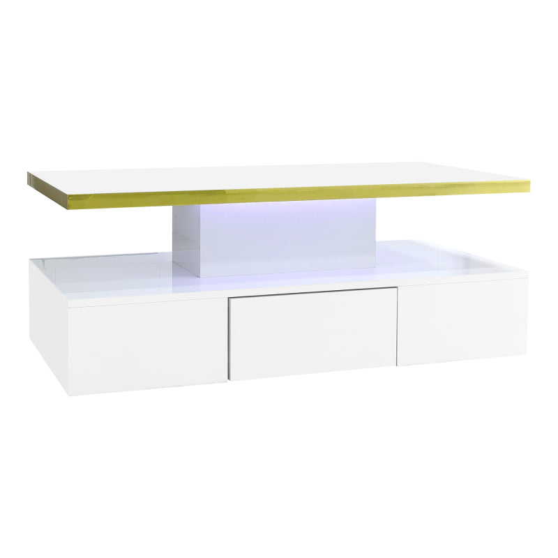 Couchtisch, Tisch mit Schubladen, Hochglanzlackierung, Beistelltisch mit zwei Ablageebenen. Mit LED-Licht