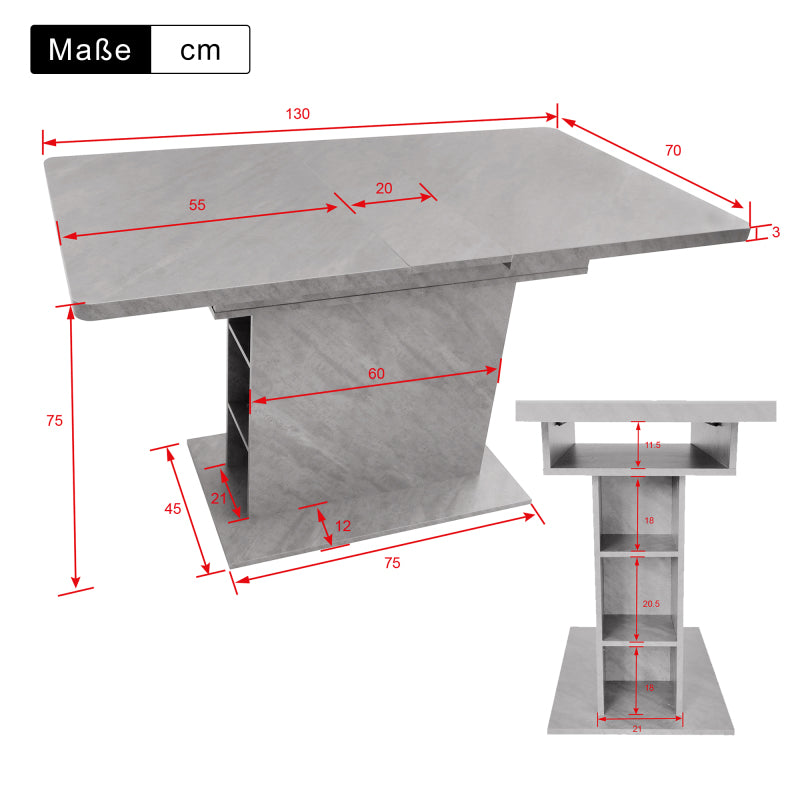 Ausziehbarer Esstisch, L110/130*W70*H75, Esstisch mit Stauraum, Betonoptik