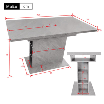 Ausziehbarer Esstisch, L110/130*W70*H75, Esstisch mit Stauraum, Betonoptik