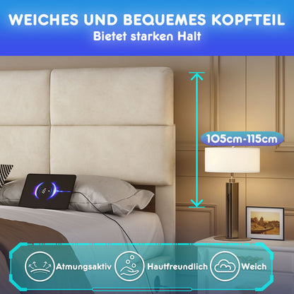 140 x 200cm Bettgestell aus weichem Samt mit USB Type C Ladefunktion und LED Beleuchtung, Hydrauliksystem Stauraum Bettgestell aus Samtmaterial Jugendbett mit Lattenrost, Beige
