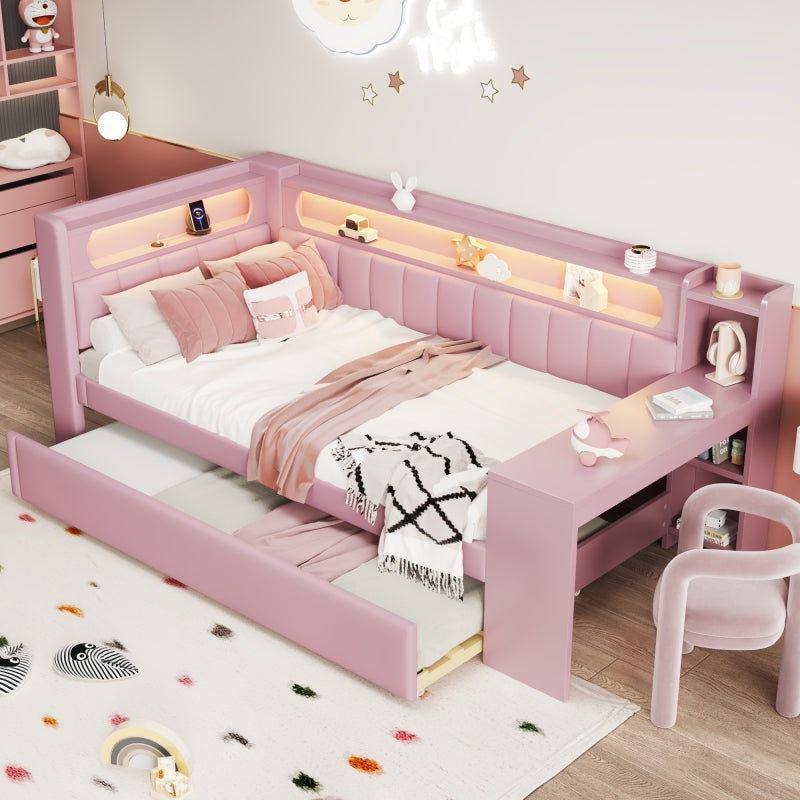 Gepolstertes 90x200 Tagesbett mit USB-Anschlüssen und LED-Gürtel, mit Ausziehbett und Schreibtisch, Rosa