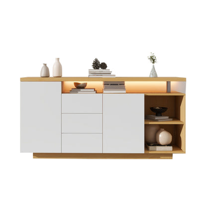 Multifunktionales Sideboard, Länge 140 cm, weiß und Holzimitat - 2 Türen, 3 Schubladen, 2 offene Fächer, mit LED-Beleuchtung