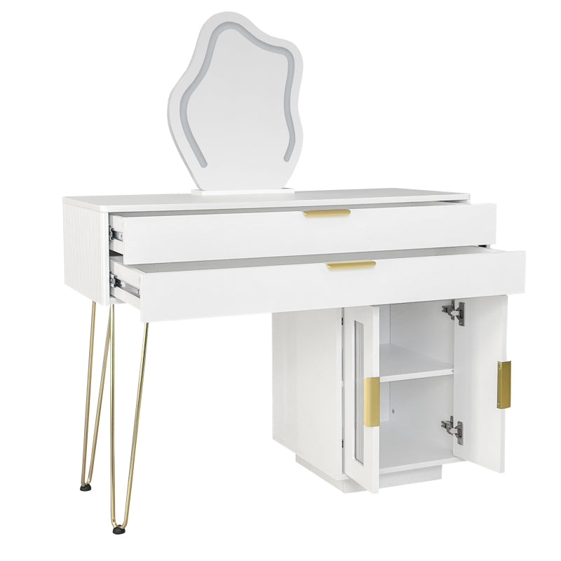 Schminktisch mit LED-beleuchtetem Spiegel, Weißes Schminktisch-Set mit ausziehbarem Design, moderner Kosmetiktisch für das Schlafzimmer  - Maße:B100/H78/T40 cm (ohne Hocker)
