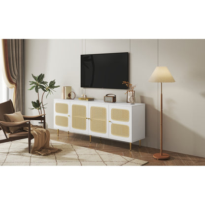 Eleganter Weißer Rattan-TV-Schrank 180x40x72 cm - Mit 4 Rattantüren, Höhenverstellbaren Regalen und Kabelmanagement, Für bis zu 80 Zoll Fernseher,TV-Schränke,Lowboards