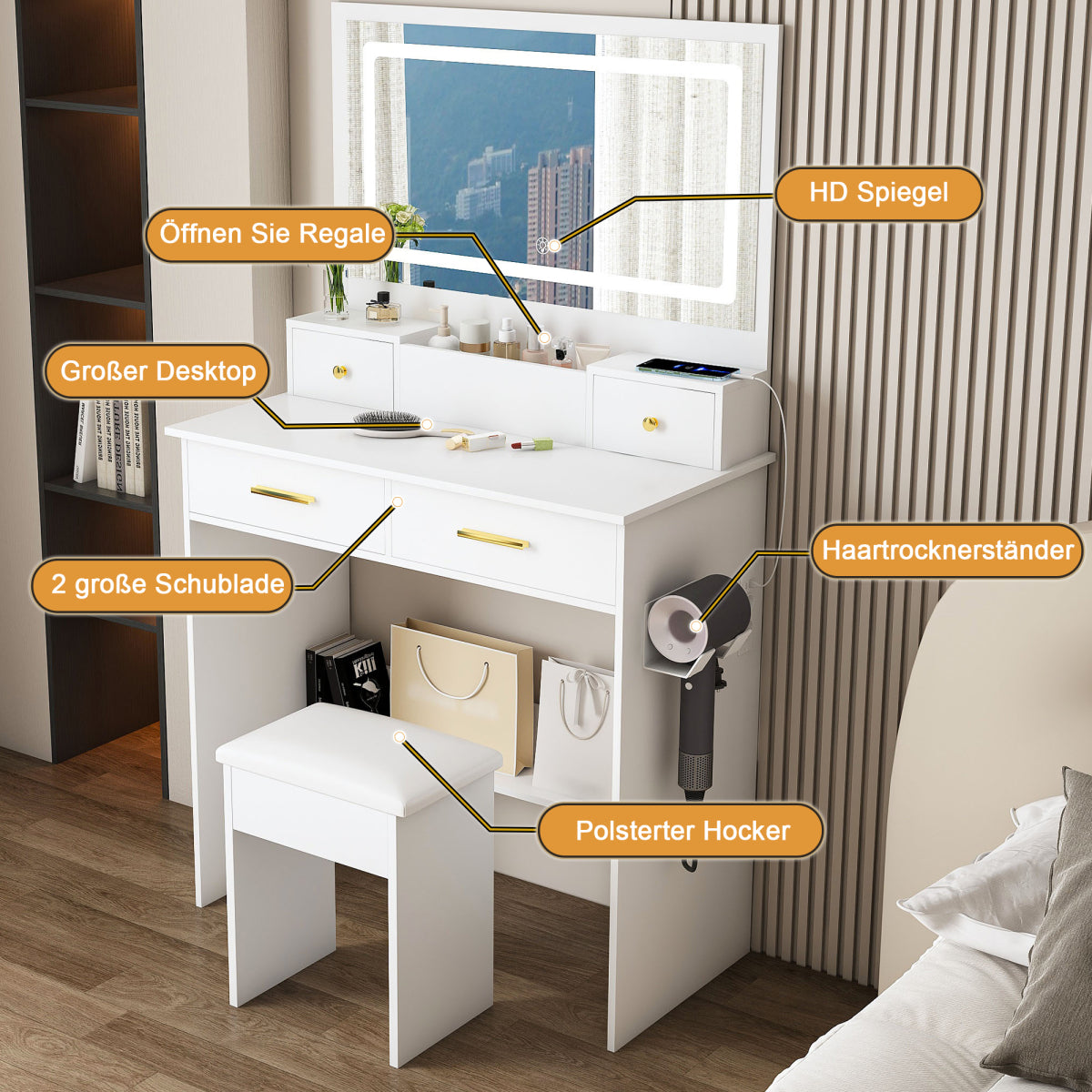 Schminktisch XXL Spiegel (75x48 cm) LED, Steckdose, 4 Schubladen, inkl. Hocker
