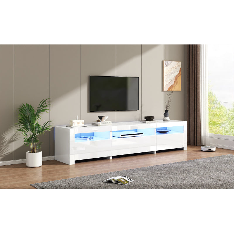 Weißer Hochglanz-TV-Schrank mit LED-Beleuchtung und Stauraum, weißes niedriges Paneel, bietet Platz für 80-Zoll-Fernseher, TV-Unterschrank mit herunterklappbarer Schranktür, 190 x 24 x 40 cm