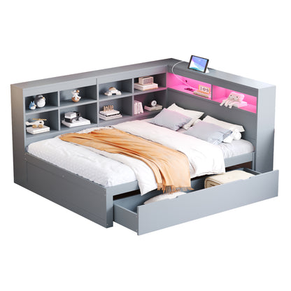 Massivholz-Doppelbett 140x200 Weiß mit LED & USB - Multifunktionales Sofa-Bett mit großen Schubladen, Ablagefächern & viel Stauraum, Grau