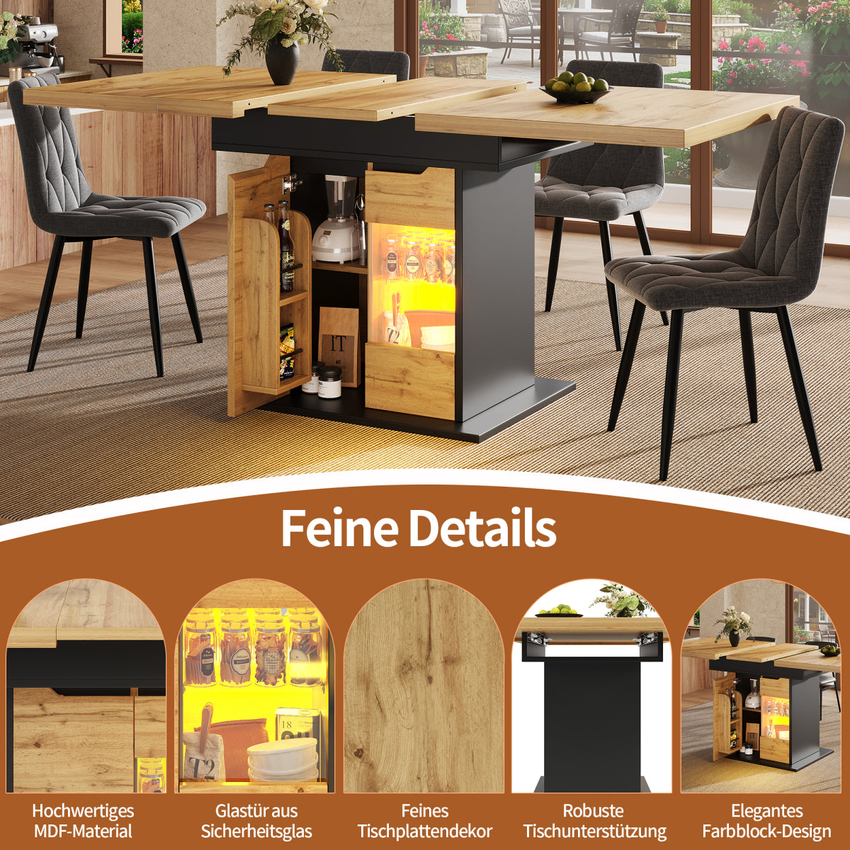 Ausziehbarer Esstisch 110-140x80cm mit LED-App-Steuerung & USB, Küchentisch Schwarz/Natur mit Glas-Schranktüren & Snackregal
