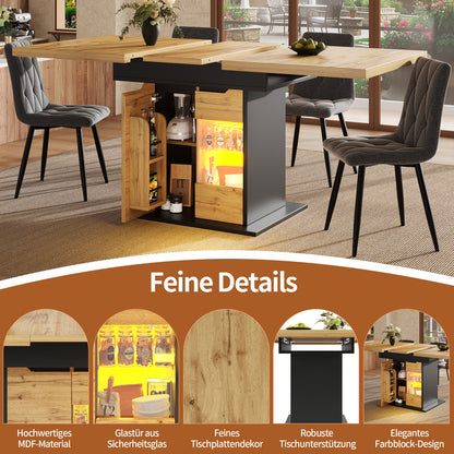Ausziehbarer Esstisch 110-140x80cm mit LED-App-Steuerung & USB, Küchentisch Schwarz/Natur mit Glas-Schranktüren & Snackregal