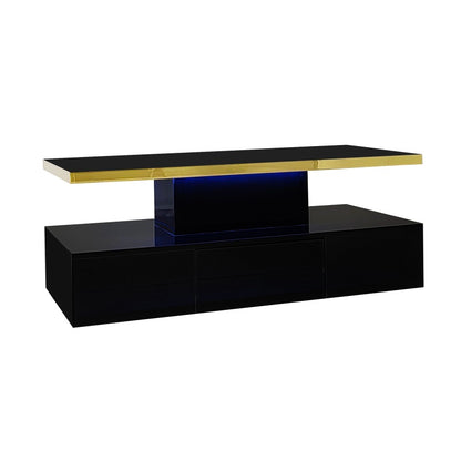Couchtisch, Tisch mit Schubladen, Hochglanzlackierung, Beistelltisch mit zwei Ablageebenen. Mit LED-Licht