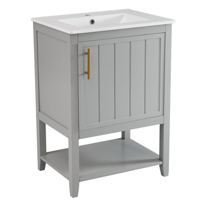 Badmöbel Einzelwaschtisch,Waschtischunterschrank 60 cm mit Keramikwaschbecken,mit Ablage,hellgrau