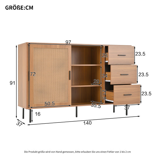 Sideboard 140 cm Natur, Kommode mit Rattan-Schiebetüren