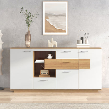 Modernes Sideboard-Schrank mit viel Stauraum, mit LED-Beleuchtung, 160x40x77cm, 2 Türen, 4 Schubladen, Glasablage, Holzoptik, Weiß,Wohnzimmermöbel, Organizer, Kommode, Mehrzweckschrank.