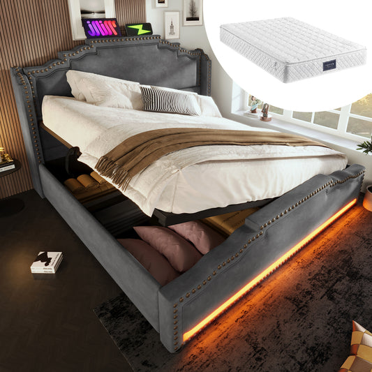 Polsterbett 140x200, Doppelbett mit hydraulischem Stauraum, LED-Beleuchtung und USB-C-Ladeanschluss, Stauraumbett und Jugendbett mit Lattenrost, Samt, Grau, Mit Matratze