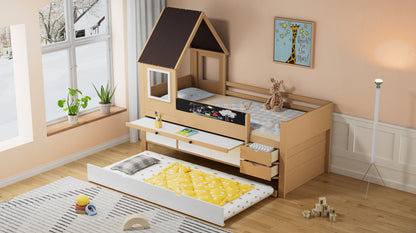 Etagenbett, Baumhausbett mit Schubladen und Ausziehbett, Mit Ausziehtisch, Reichlich Stauraum, Holzbett mit Fenster, Rahmen aus Kiefer, Graffiti-Tafel, Kiefer+MDF, weiß+Natur, 90x200&90*190cm
