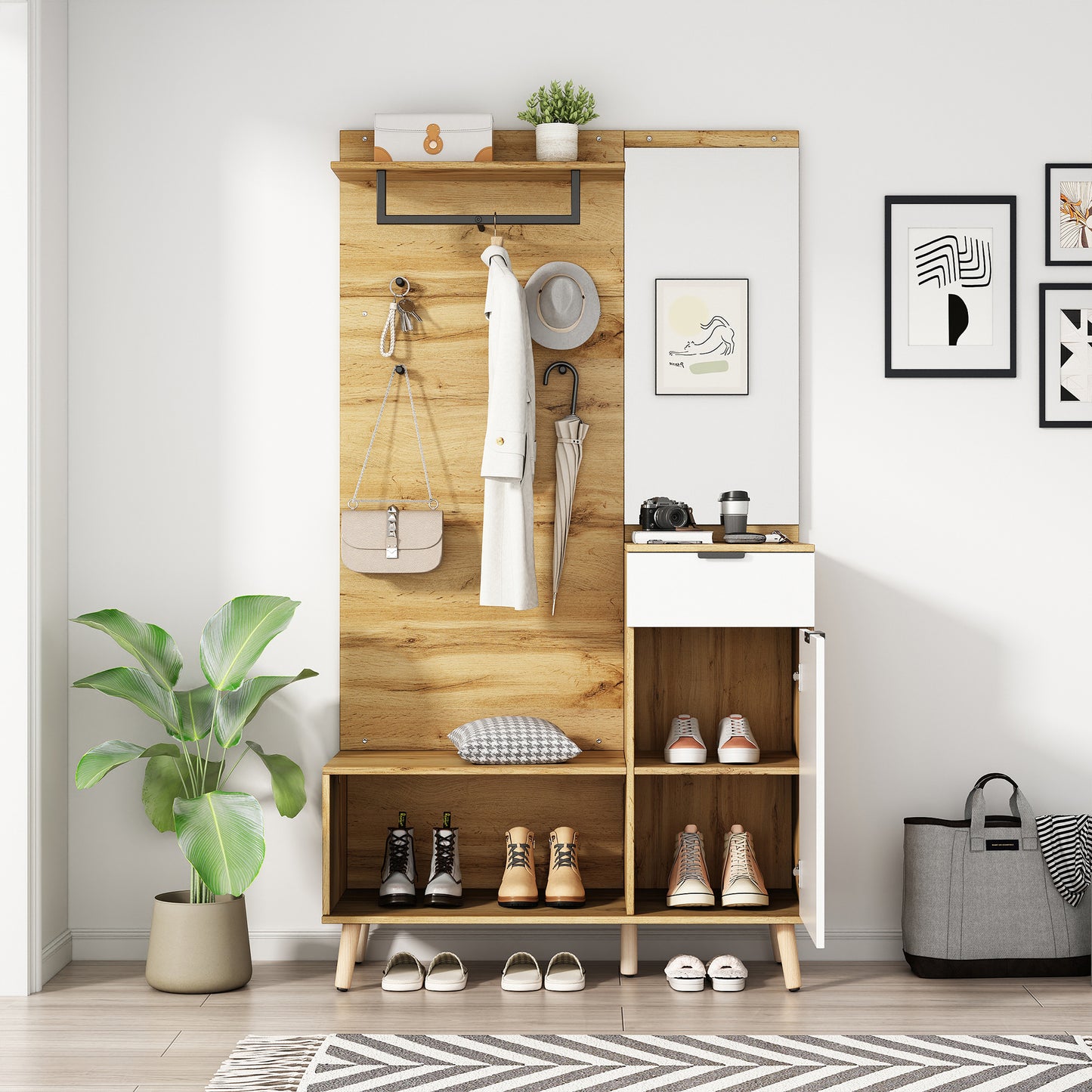 Multifunktionales Garderobenset aus Holz mit Spiegel, Schuhbank, Schuhschrank, Schublade, Regal und Kleiderhaken – Modernes Design mit hydraulischen Scharnieren und praktischem Stauraum