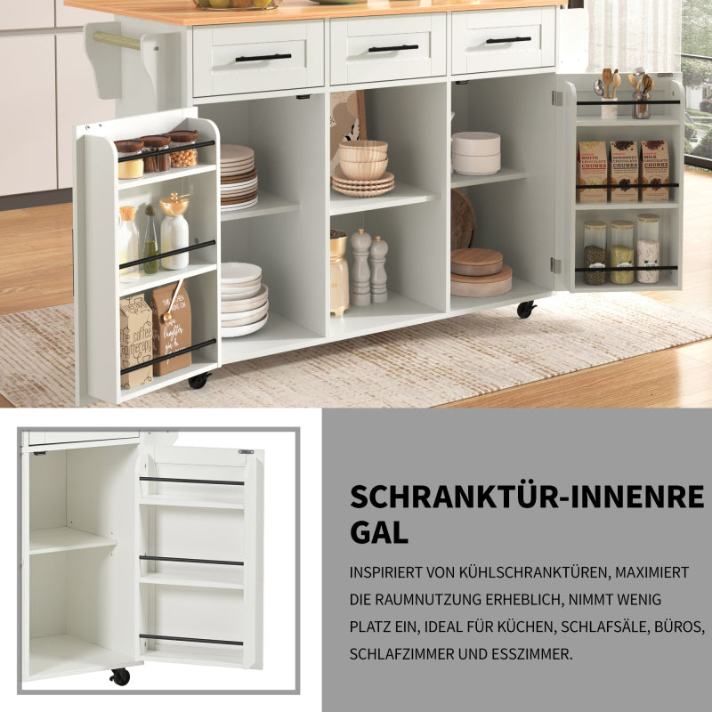 139x46(71)x91,5 cm großer Esswagen/Anrichte, Korpus weiß + Arbeitsplatte in Massivholzmaserung, klappbare Arbeitsplatte, Ablagetür, Rollen, auswechselbare Massivholzfüße, geeignet für Esszimmer, Küche