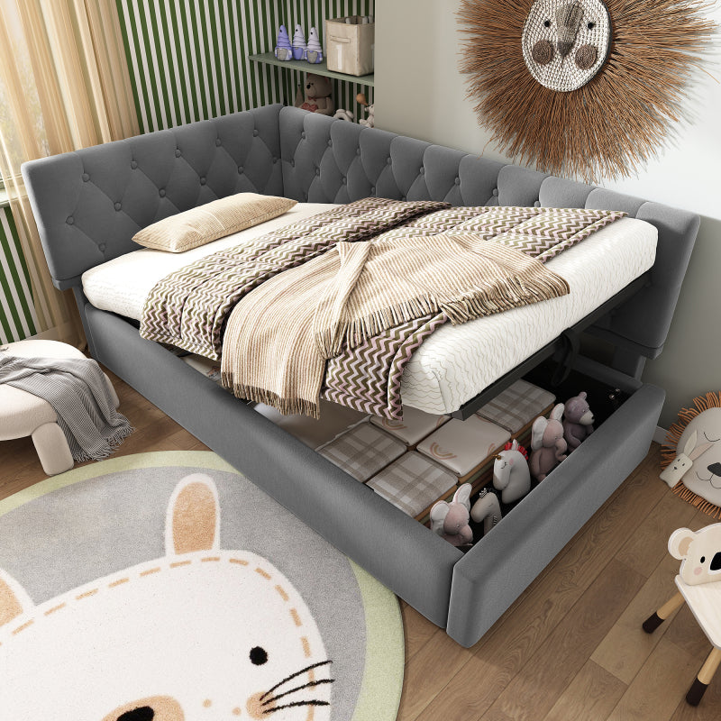 Polsterbett Tagesbett Daybett 90x200cm, Schlafsofa mit hydraulischem Stauraum, Kinderbett Jugendbett Bettgestell mit Lattenrost aus Holz, Samt, Grau, ohne Matratze.