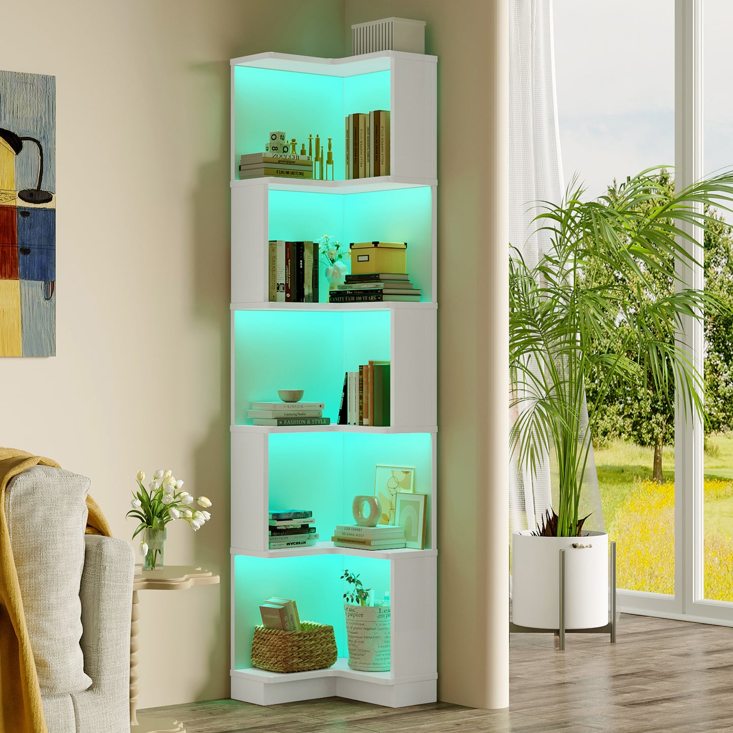 Eck Bücherregal,  L-förmiges Bücherregal, LED-Farbwechsel-Lichtleiste, Fernbedienung/App-Steuerung, weiß