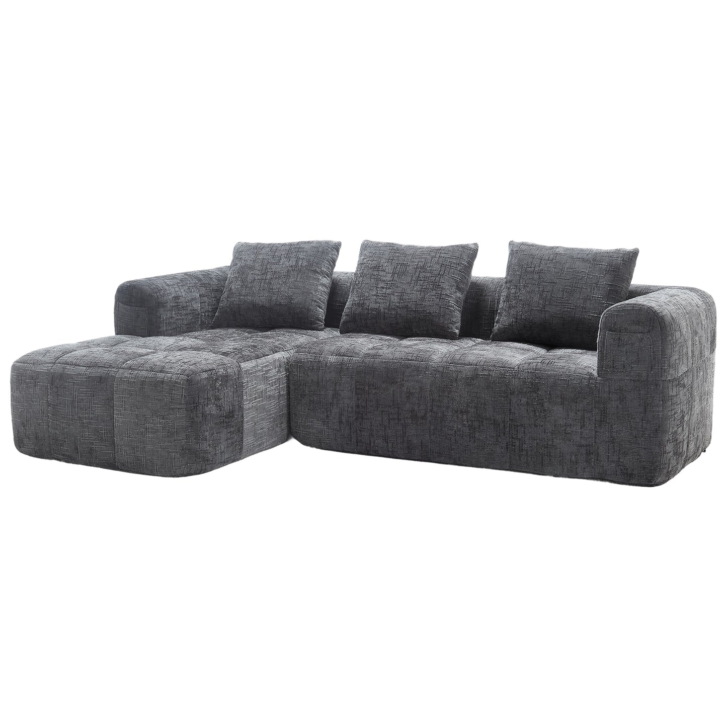Modernes Sektionssofa, L-Sofa, 3-Sitzer-Sofa, keine Installation erforderlich, Chenille-Sofa mit Chaiselongue und Armlehnen, 3 Kissen, Seitentasche für Fernbedienung, Grau