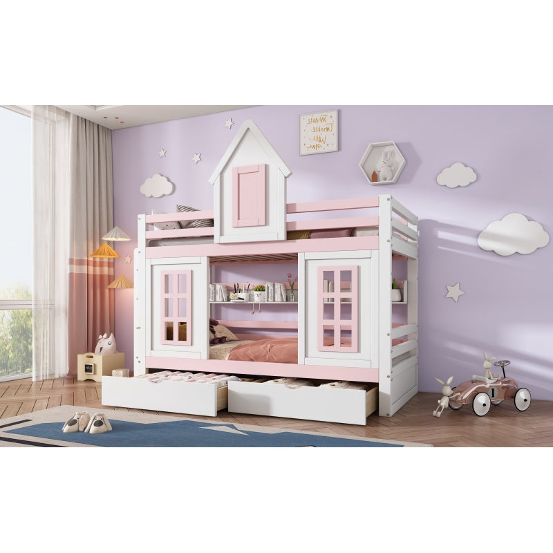 Etagenbett, Prinzessinnenbett, Kinderbett, Kinderbett mit Dach und Fenster, mit Fallschutzgitter, stabiles Geländer, Zwei Schubladen mit Rollen, Offenes Regal, Reichlich Stauraum, Kiefer+MDF,Weiß+Rose
