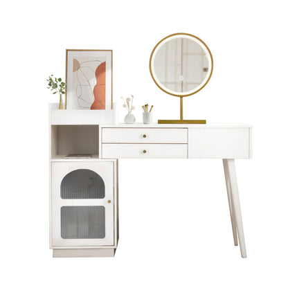 Kosmetiktisch-Set mit LED-Spiegel und 3-Farben-Beleuchtung, Schminktisch aus Holz mit 3 Schubladen und Seitenschrank, ausziehbares Design - Maße: B120/H90/T40 cm (ohne Hocker)