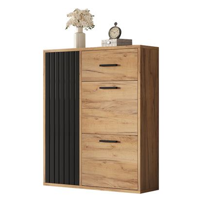 Schuhschrank Schwarz/Natur 80x24x95,5 cm mit 2 Klappen, 1 Tür & Schublade, verstellbare Regale, moderne Griffe