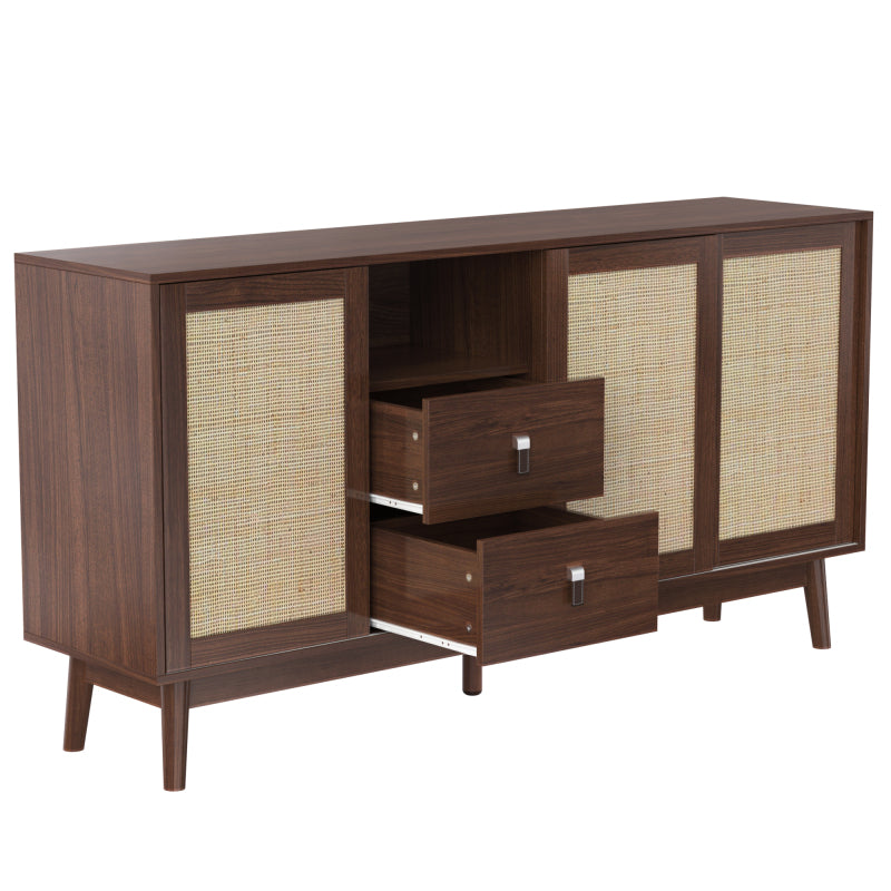 Sideboard mit 3 Schiebetüren aus echtem Rattan und 2 Schubladen, 155x38x80 cm, atmungsaktiv, stabil und vielseitig