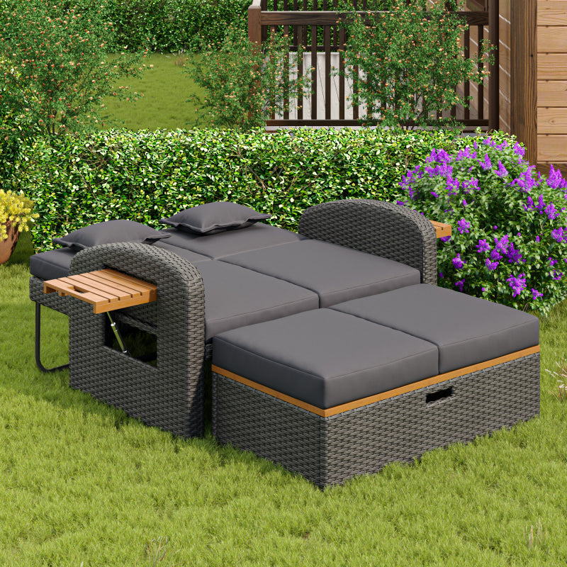 Garten-Lounge-Sessel-Set für 2 Personen, graues Rattan, verstellbare Rückenlehne, Stützfuß, mit Fußhocker oder als Outdoor-Bett nutzbar, mit Rückenkissen und Sitzkissen (previous sku:HW24020AAA)