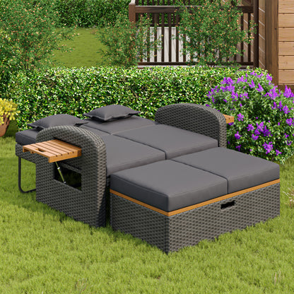 Garten-Lounge-Sessel-Set für 2 Personen, graues Rattan, verstellbare Rückenlehne, Stützfuß, mit Fußhocker oder als Outdoor-Bett nutzbar, mit Rückenkissen und Sitzkissen (previous sku:HW24020AAA)