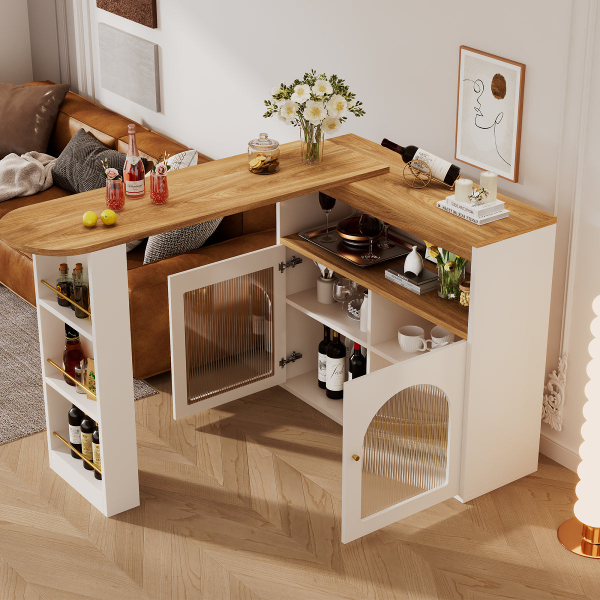 Bartisch ausziehbar 138-193cm, 360° drehbarer Stehtisch mit LED & Glasfront, Bistrotisch mit Regal, Esstisch mit Stauraum, Weiß
