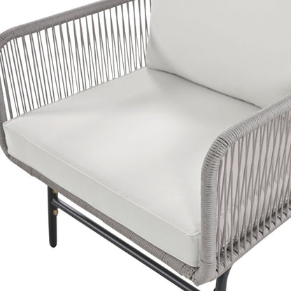 Gartenlounge-Set, Gartenmöbel-Set, Mit Eisenrahmen und grauem Seil, Gartenmöbel aus gewebtem Seil für den Außenbereich, Grau, Zwei Sessel, zwei 2-Sitzer-Sofas und zwei Tische (alle Kissen inklusive)