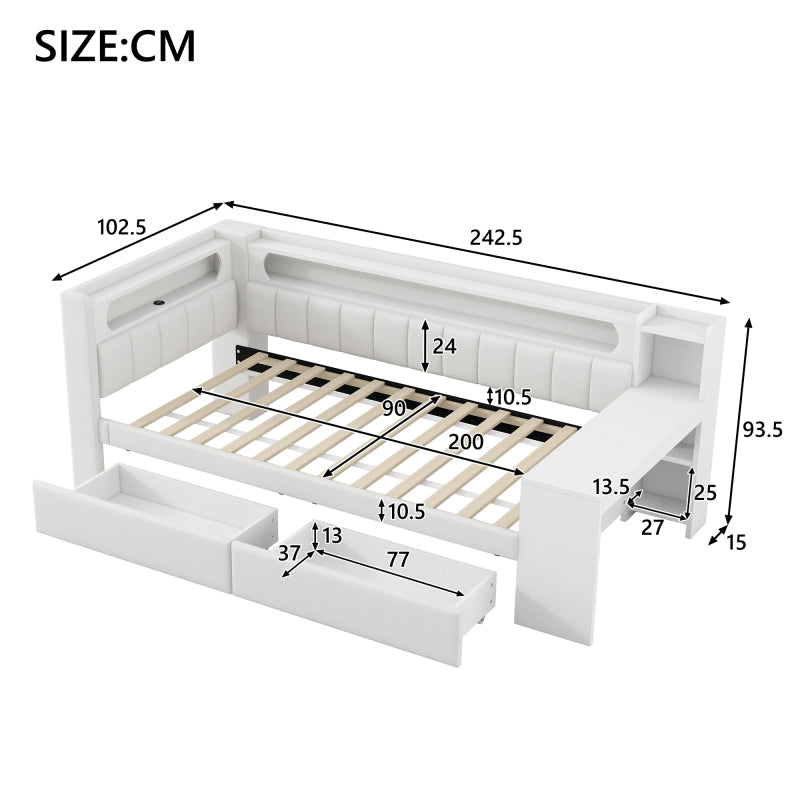 Gepolstertes 90x200 Daybed mit USB-Anschlüssen und LED-Gürtel, mit Schreibtisch und 2 Schubladen, weiß