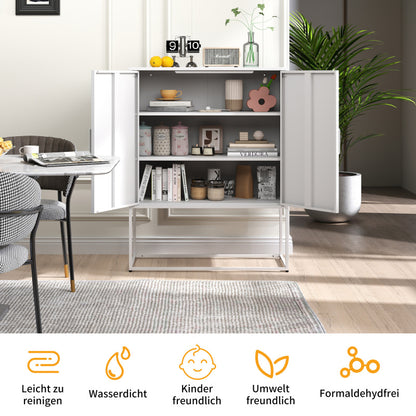 Metall-Sideboard,Lagerschrank– 2 Regale, Freistehender Stahlschrank, Magnettüren, Anti-Kipp-Sicherung, Wohnzimmer, Küche, Büro, Weiß, H 109 cm × B 85 cm × T 40 cm