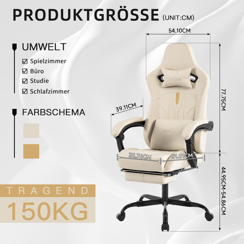 Gaming Stuhl Computerstuhl Ergonomischer Gaming Chair mit Fußstütze Bürostuhl Ergonomischer Computerstuhl mit Lendenwirbelstütze Beige