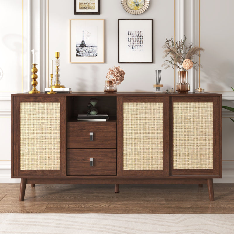 Sideboard mit 3 Schiebetüren aus echtem Rattan und 2 Schubladen, 155x38x80 cm, atmungsaktiv, stabil und vielseitig