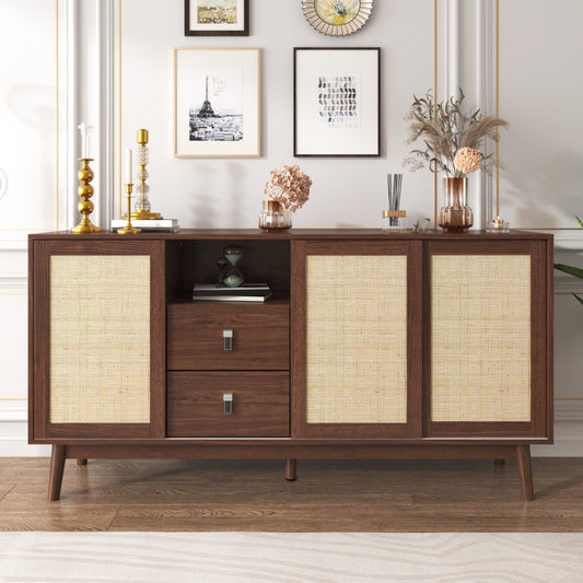 Sideboard mit 3 Schiebetüren aus echtem Rattan und 2 Schubladen, 155x38x80 cm, atmungsaktiv, stabil und vielseitig