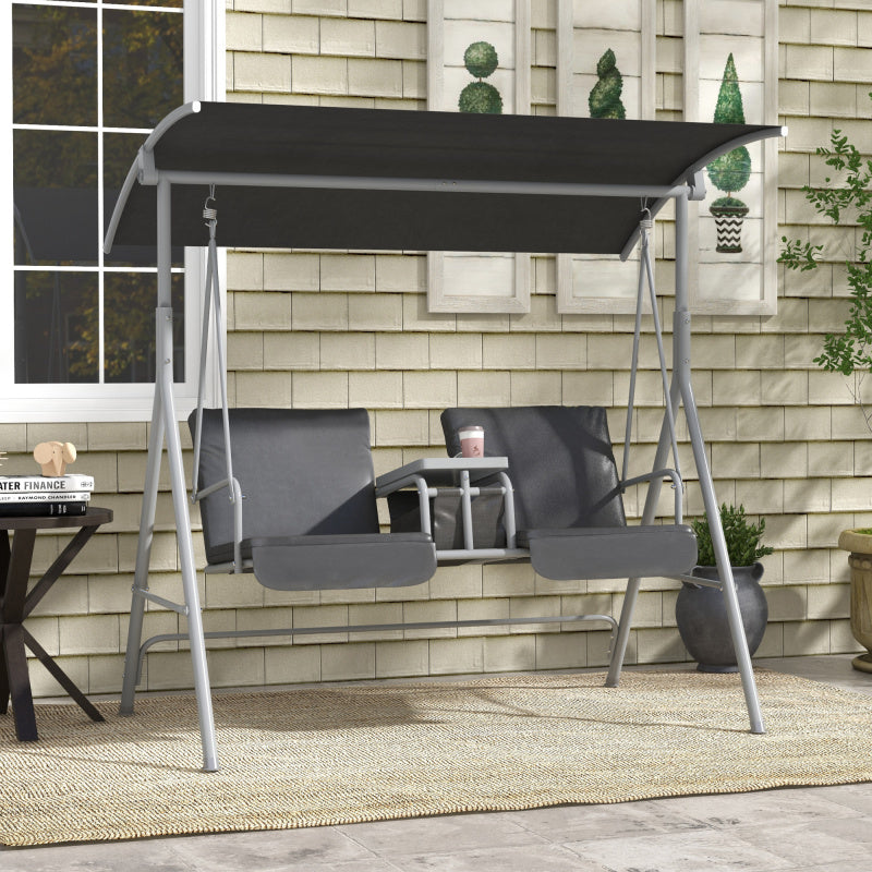 Hollywoodschaukel 2-Sitzer Schaukelbank mit Baldachin, Tasche, Gartenschaukel mit Tablett, bis 180 kg Belastbar, für Garten, Balkon, Schwarz