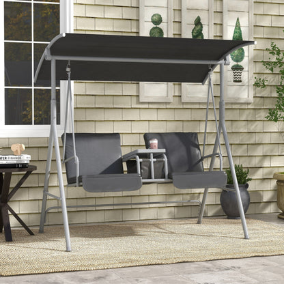 Hollywoodschaukel 2-Sitzer Schaukelbank mit Baldachin, Tasche, Gartenschaukel mit Tablett, bis 180 kg Belastbar, für Garten, Balkon, Schwarz