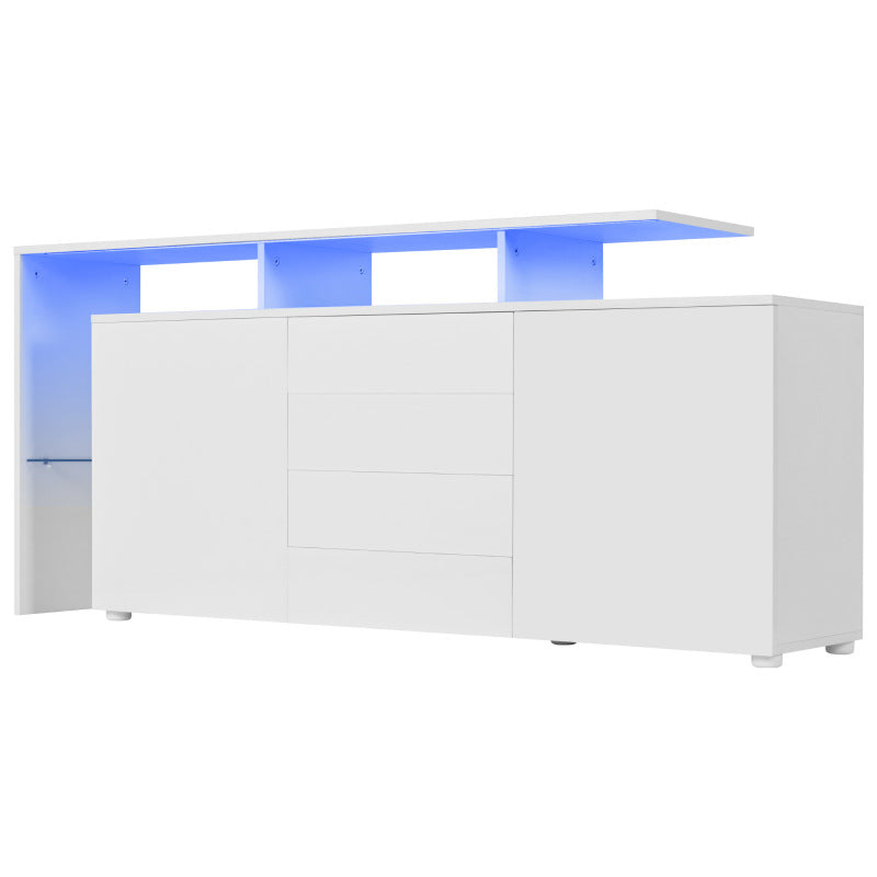 Kommode, Sideboard mit LED, Wohnzimmermöbel in Weiß Hochglanz, Wohnzimmerschrank, Standschrank, TV-Schrank, Wohnzimmerwand, Highboard, Mehrzweckschrank, LED-Vitrine, Buffetschrank Esszimmer
