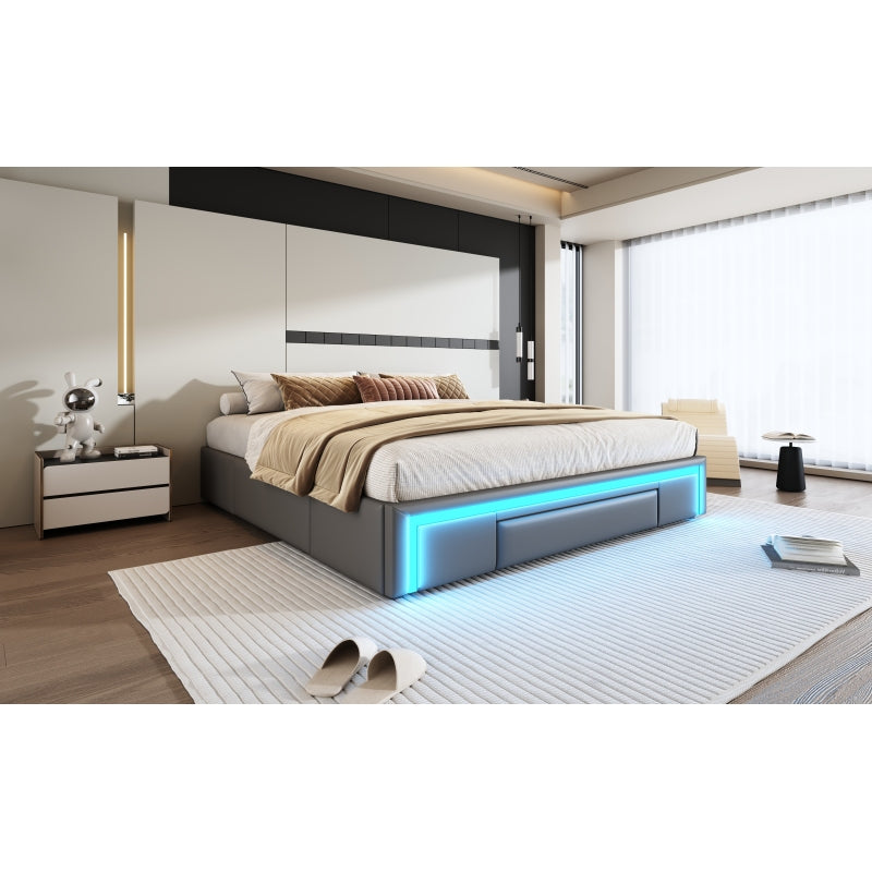 Bettgestell 180X200 mit Schubladen, PU-Leder Bett ohne Kopfteil Mit LED-Lichtleiste, MetalllattenPlattformbett für moderne Schlafzimmer Grau