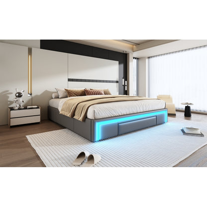 Bettgestell 180X200 mit Schubladen, PU-Leder Bett ohne Kopfteil Mit LED-Lichtleiste, MetalllattenPlattformbett für moderne Schlafzimmer Grau