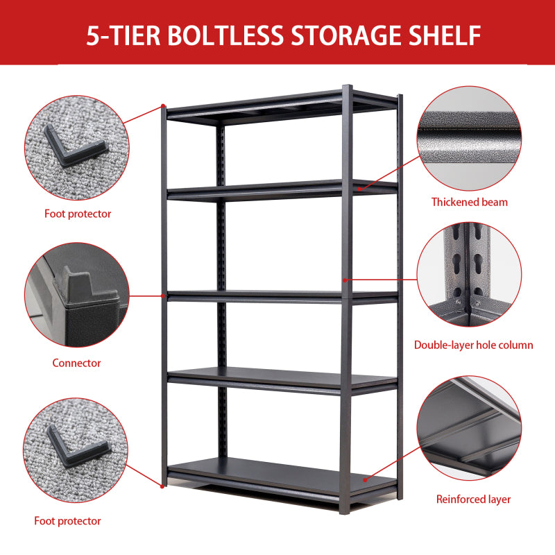 H198cm Schwerlastregal 5 Ebenen – Metall Lagerregal 650kg Tragkraft, Höhenverstellbares Industrieregal für Garage, Keller & Werkstatt, Schwarz, H198cm × B120cm × T45.7cm