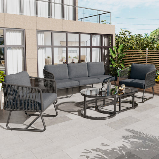 Garten-Lounge-Set mit Rahmen aus verzinktem Eisen, Gartenmöbel-Set aus Seil, graues Seil, verstellbare Füße, Tischplatte aus glattem Glas, 5er-Set, inklusive aller Sitz- und Rückenkissen
