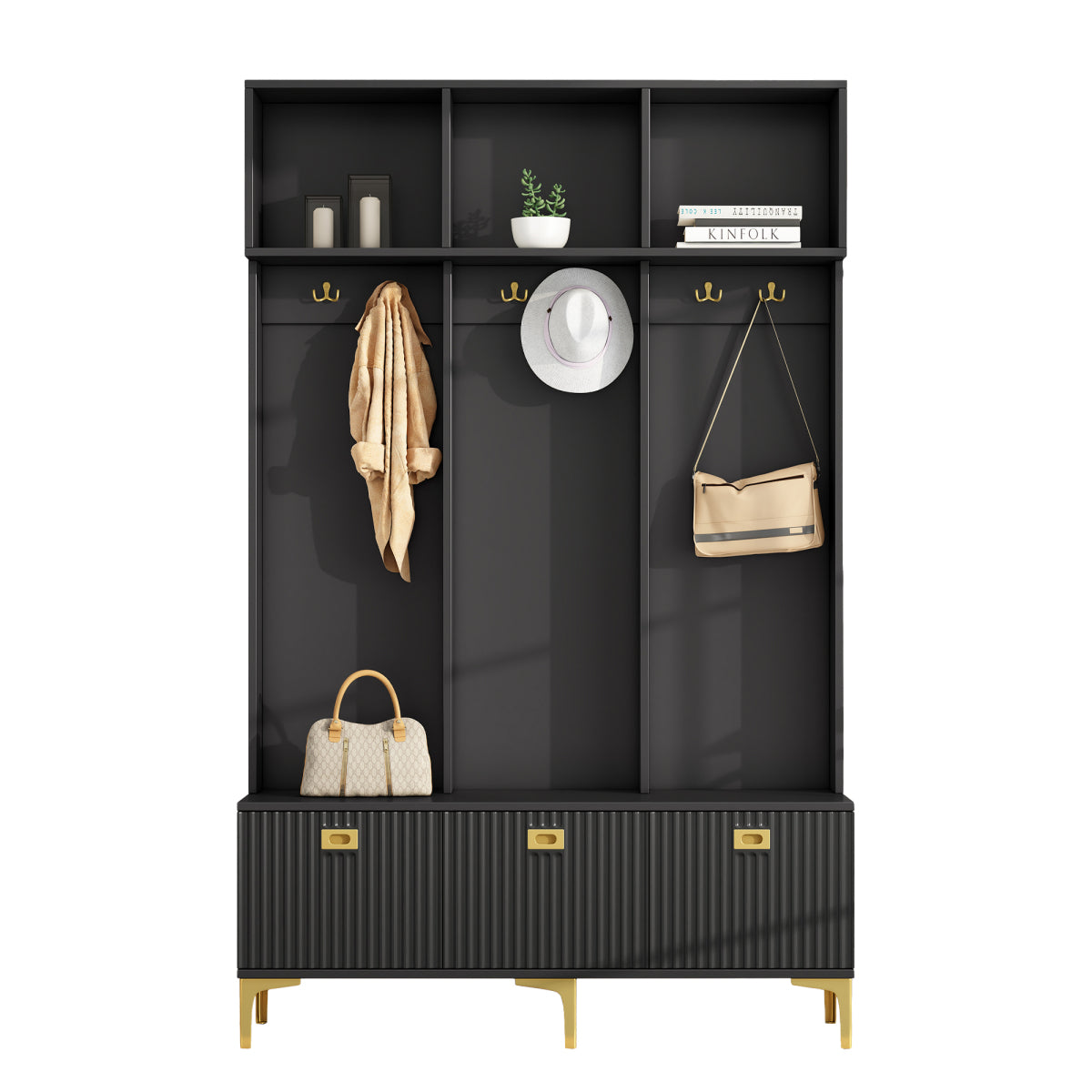 Garderoben-Set mit Sitzbank, Schuhschrank & goldenen Details, Flurbaum aus Metall & Spanplatte, Schwarz, 120x191,5x23,5 cm